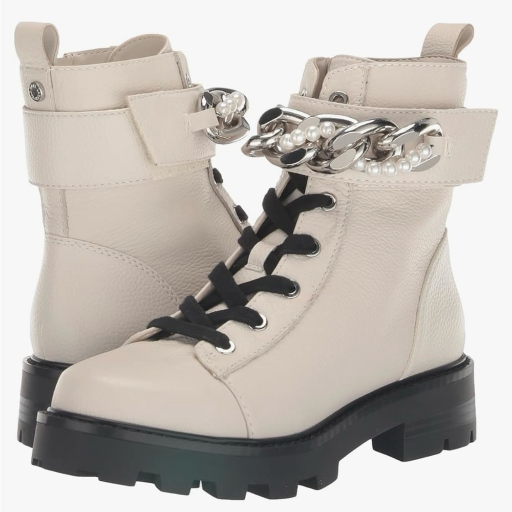 Chunky Pearl-Chain Lace-Up Ankle Boots in Cream